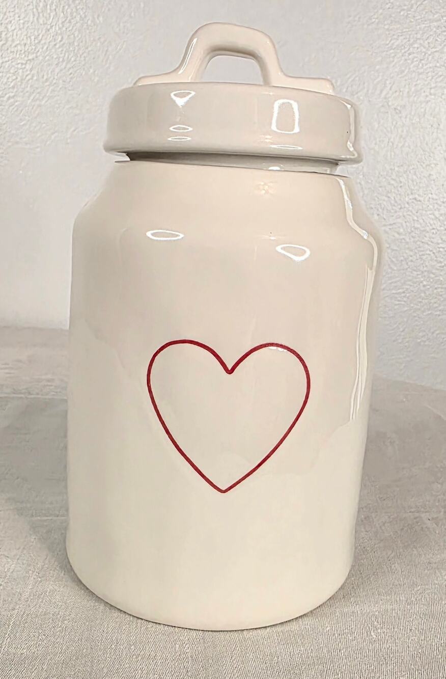 Rae Dunn Artisan Collection Canister White w/Red Heart 7" Tall Valentines Day